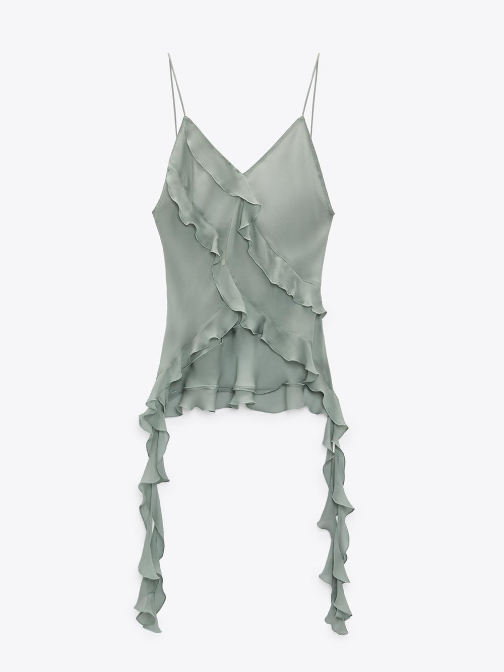 Zara - Sage Green Ruffled V-Neck Chiffon Cami Top - L